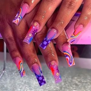 📢 4/$15 Long Purple Checker Press On Nails